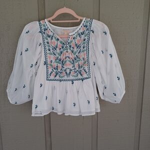 Pink Chicken Floral Embroidered Peasant Top Size XS Women Boho Feminine